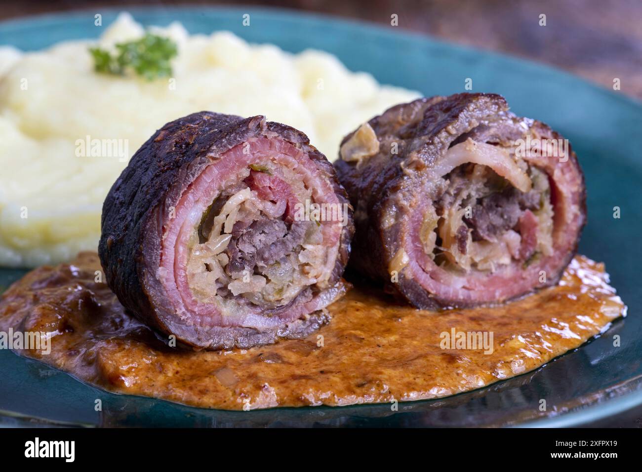 German meat roulade with mashed potatoes Stock Photo