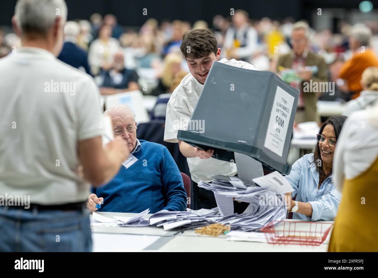 Ballot boxes are emptied at P&J Live arena in Aberdeen, during the count in the 2024 General
