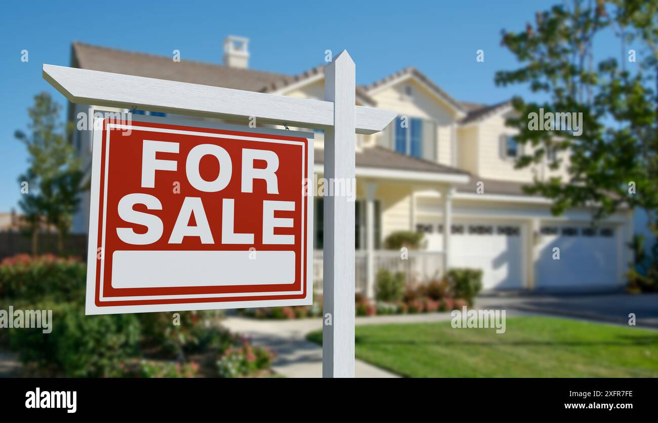 For Sale Real Estate Sign in Front of Beautiful House Stock Photo - Alamy