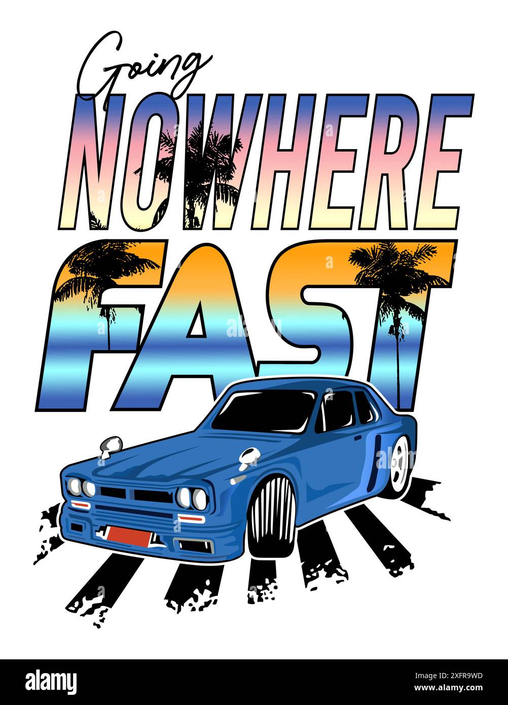 Vector illustration of car with text and tropical elements in the background. Art for prints on t-shirts, posters, etc... Stock Vector
