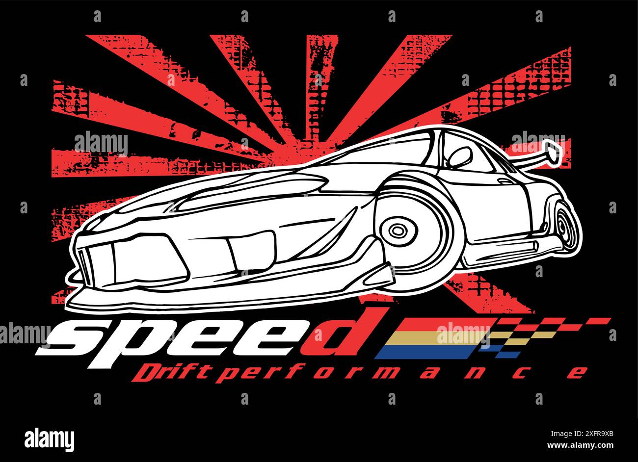Vector colorful illustration of stylized car with text and graphic elements in the background. Stock Vector