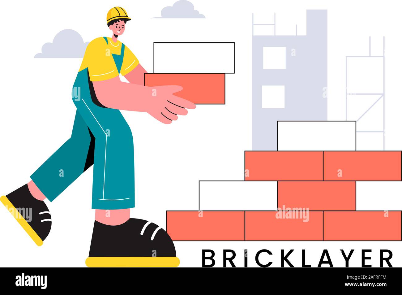 Vector Illustration of a Bricklayer Worker with People Constructing and Laying Bricks to Build a Wall in a Flat Cartoon Background Stock Vector