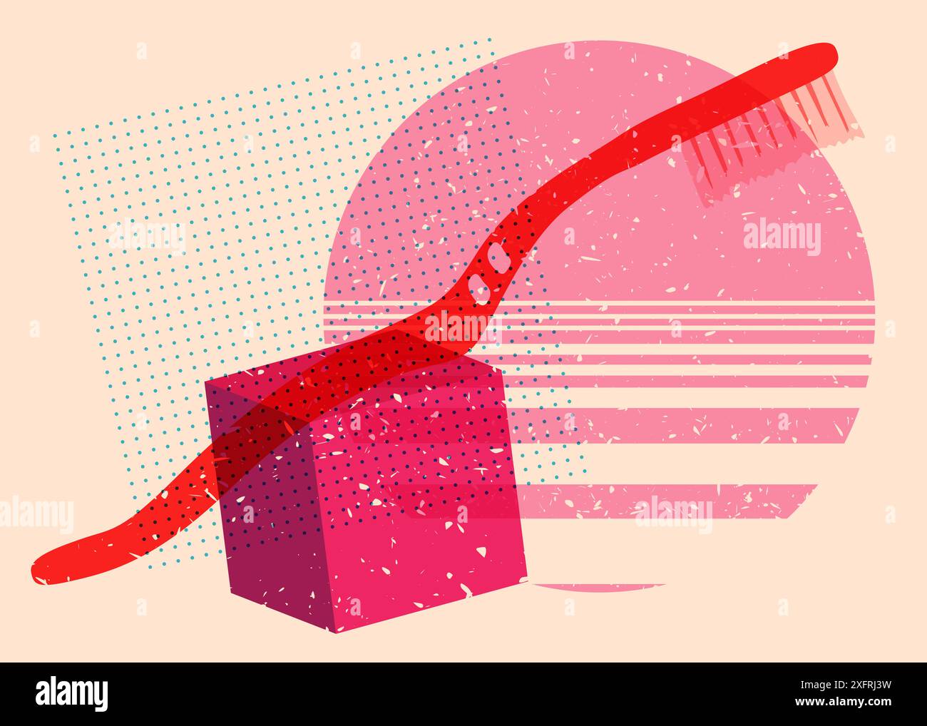 Risograph Toothbrush with geometric shapes. Objects in trendy riso graph print texture style design with geometry elements. Stock Vector