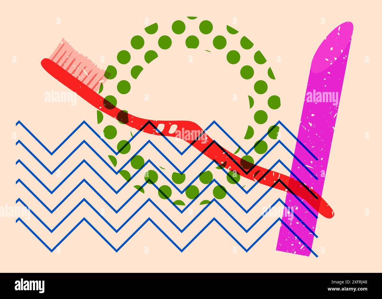 Risograph Toothbrush with geometric shapes. Objects in trendy riso graph print texture style design with geometry elements. Stock Vector