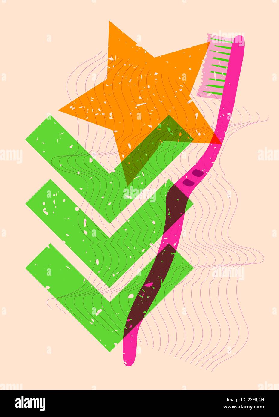 Risograph Toothbrush with geometric shapes. Objects in trendy riso graph print texture style design with geometry elements. Stock Vector