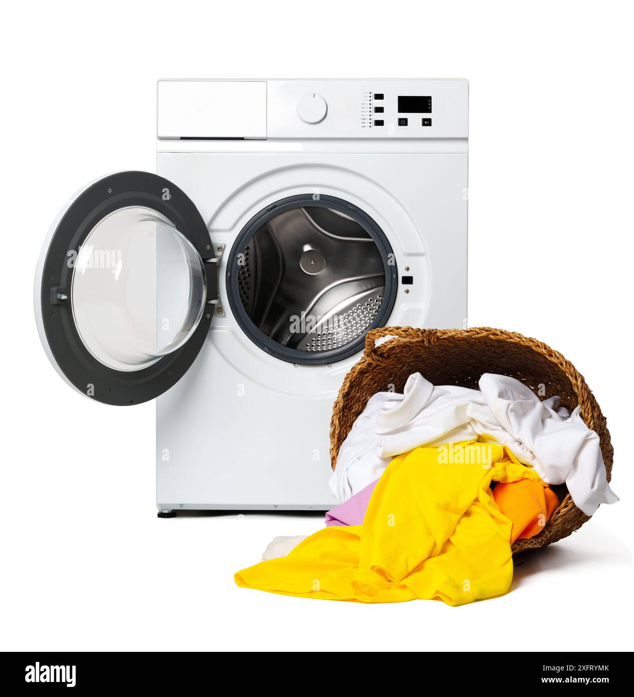 White Washing Machine With Open Door and Clothes Overflowing From a ...