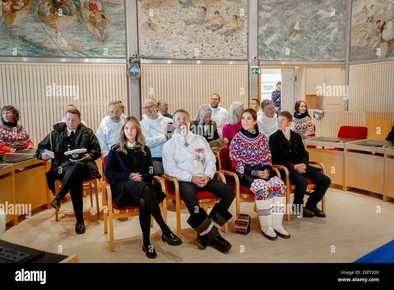 Nuuk, Groenland. 04th July, 2024. Princess Josephine, King Frederick X, Queen Mary and Prince Vincent at an official reception in the City Council Hall at the Town Hall in Nuuk in Greenland, Thursday, July 4, 2024. The royal couple is officially visiting Greenland from June 29 to July 6, 2024. The visit begins in Disko Bay and the royal couple then travels with Dannebrog south along Greenland's west coast. (Photo: Ida Marie Odgaard/Ritzau Scanpix) Credit: Ritzau/Alamy Live News Stock Photo