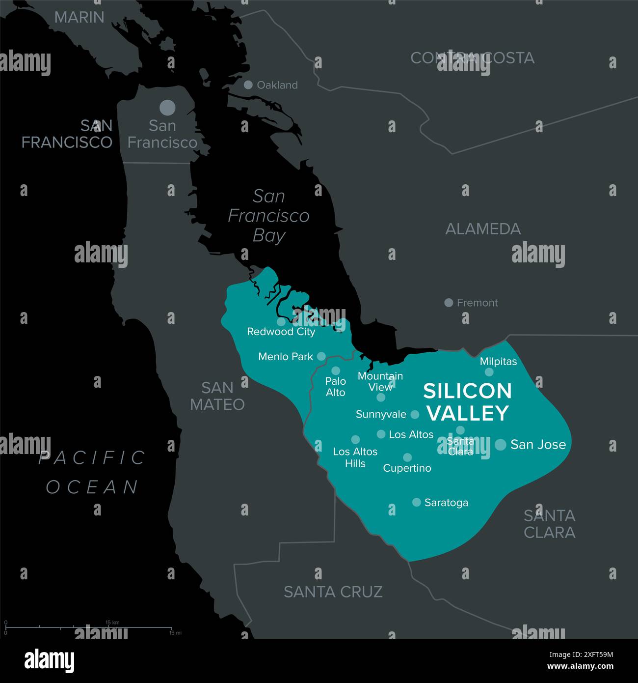 Silicon Valley, a region in Northern California, dark political map