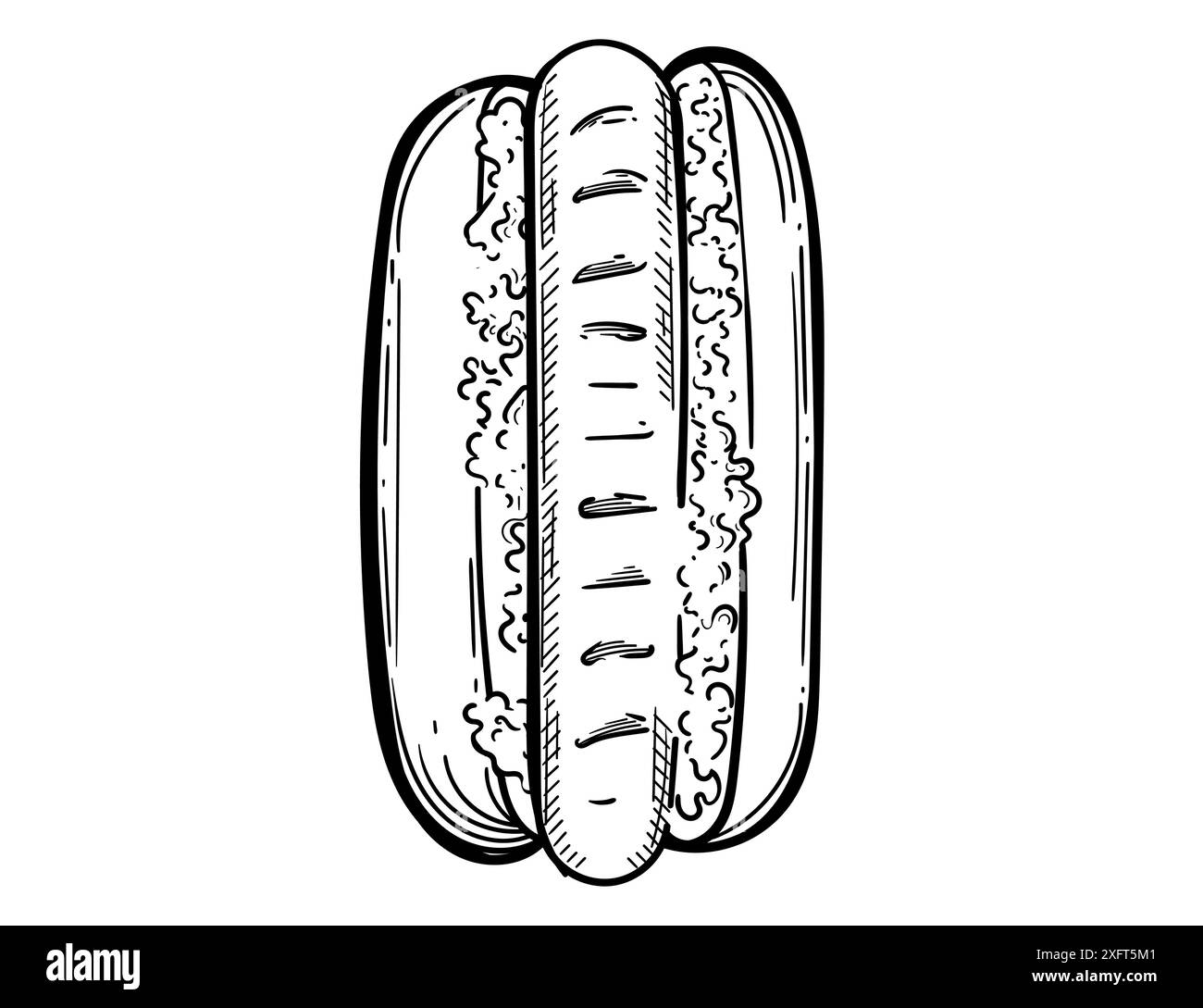 Hand drawn hot dog sketch with sausage and sauce vector illustration ...