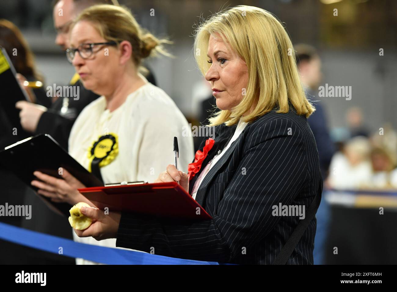 Glasgow, UK. 04th July, 2024. Glasgow, Scotland. 5 July 2024PICTURED: Pauline McNeill MSP, Shadow Cabinet Secretary for Justice of Scottish Labour Party. Scenes from inside the Glasgow Election Count at the Emirates Arena (Sir Chris Hoy Velodrome) on the final eve of the UK Parliamentary General Election 2024, with ballot boxes being loaded in and counted and party candidates watching and counting. Photo Credit: Colin D Fisher. Credit: Colin Fisher/Alamy Live News Stock Photo