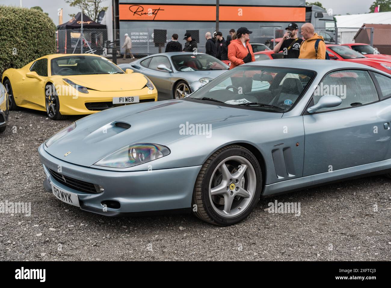 Tarporley, Cheshire, England, June 29th 2024. A light gray Ferrari 575M Maranello is displayed at a car meet. Stock Photo