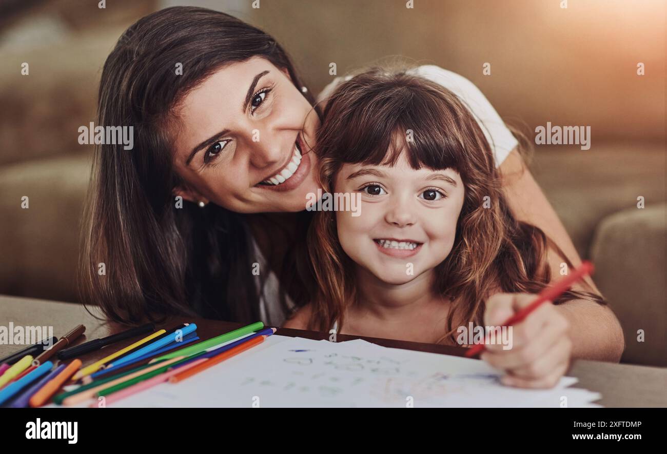Portrait, mother and girl smile for education or learning with artistic ...