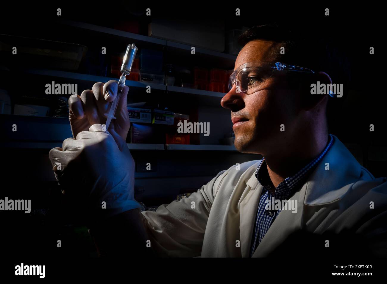 Scientist examining river water to tests for platypus DNA. Cesar Research Laboratory, Melbourne, Victoria, Australia. June, 2017.Model released. Stock Photo