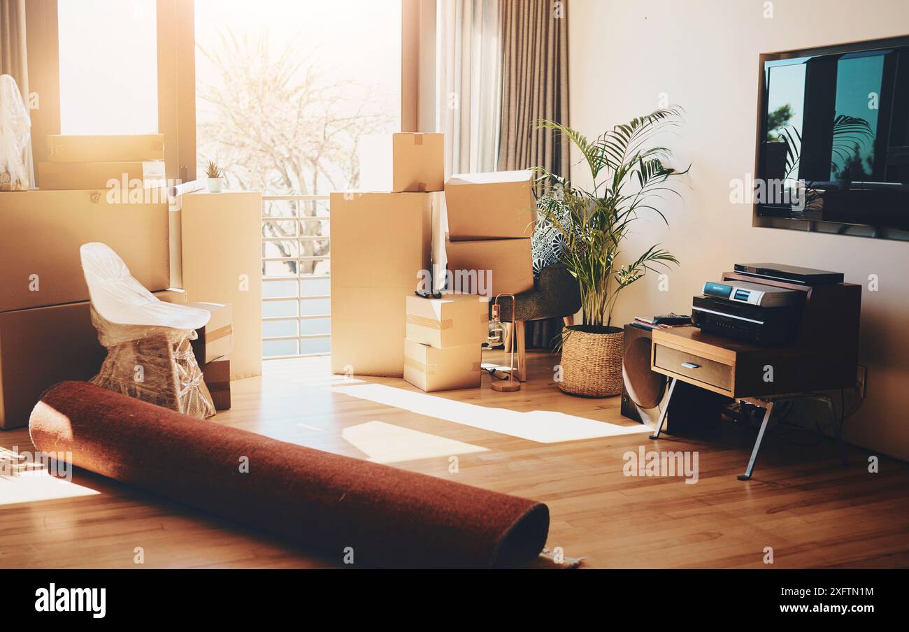 Boxes, interior and furniture in new home, property development and ...