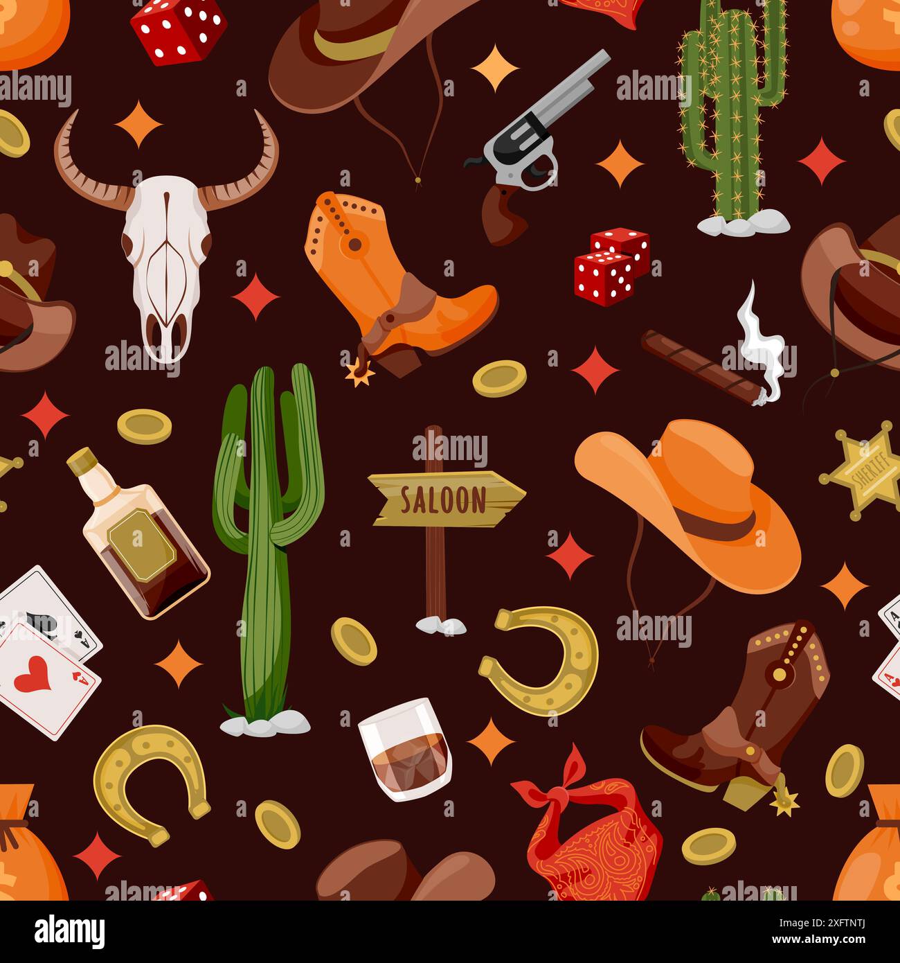 Wild West vintage seamless pattern. Vector flat cartoon illustration. Cowboy hat, spur boots, cow skull and gun on black background. Fabric design, wr Stock Vector