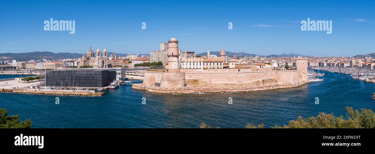 Panoramic view of Mucem, La Major Cathedral, Fort Saint-Jean, and the ...