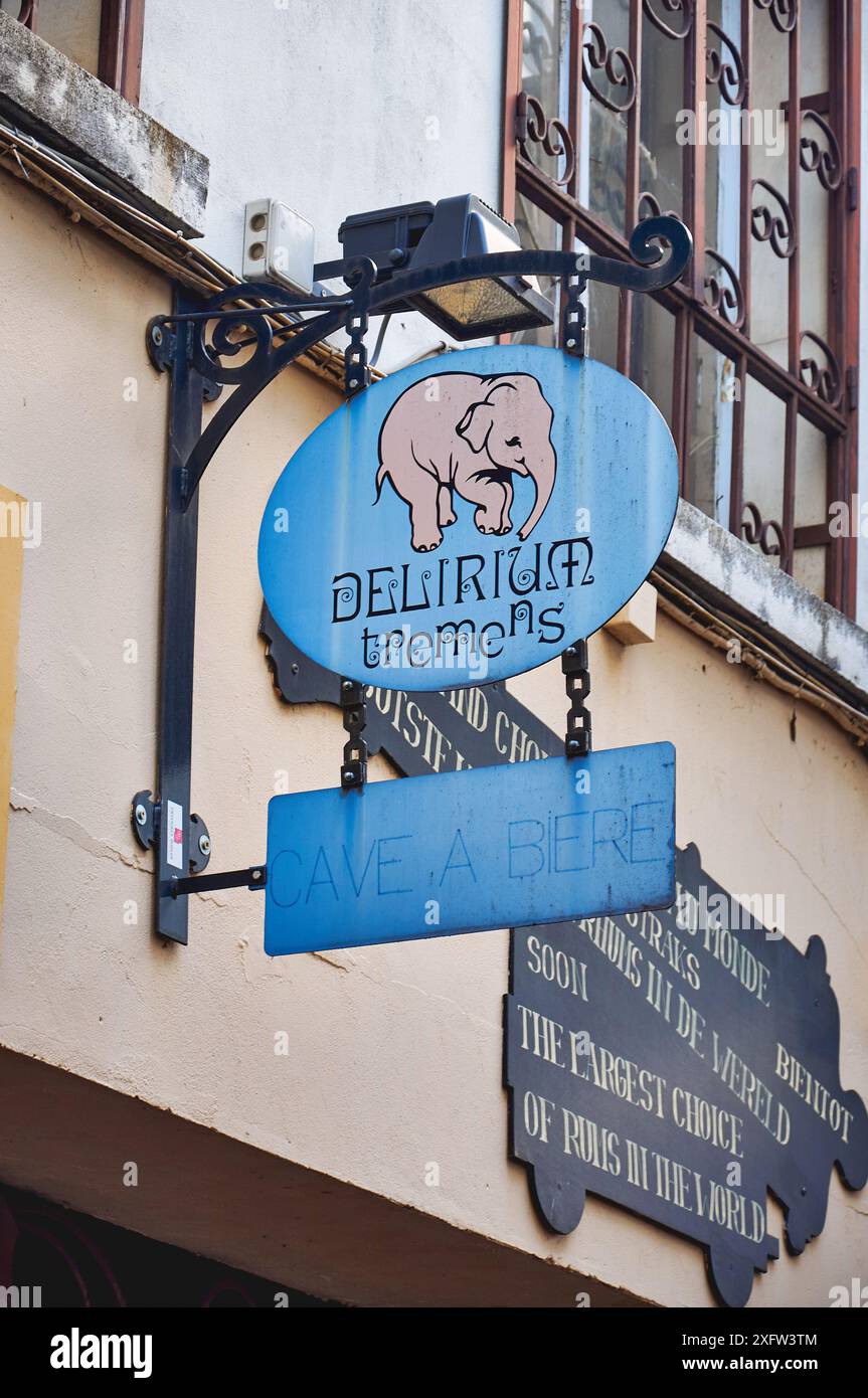 28-10-2014 Brussels, Belgium - The famous Delirium Bar sign in Brussels featuring its characteristic pink elephant Stock Photo