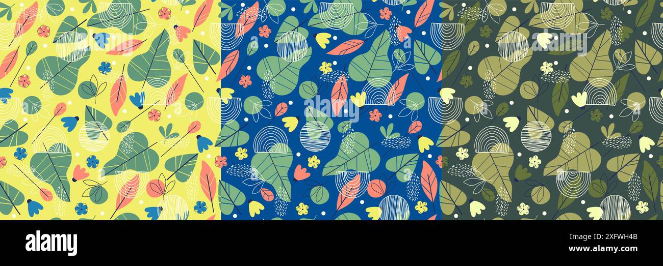 Bright exotic elements seamless pattern collection. Colorful summer floral pattern. Leaves and flowers on background. Floral spring vector illustratio Stock Vector