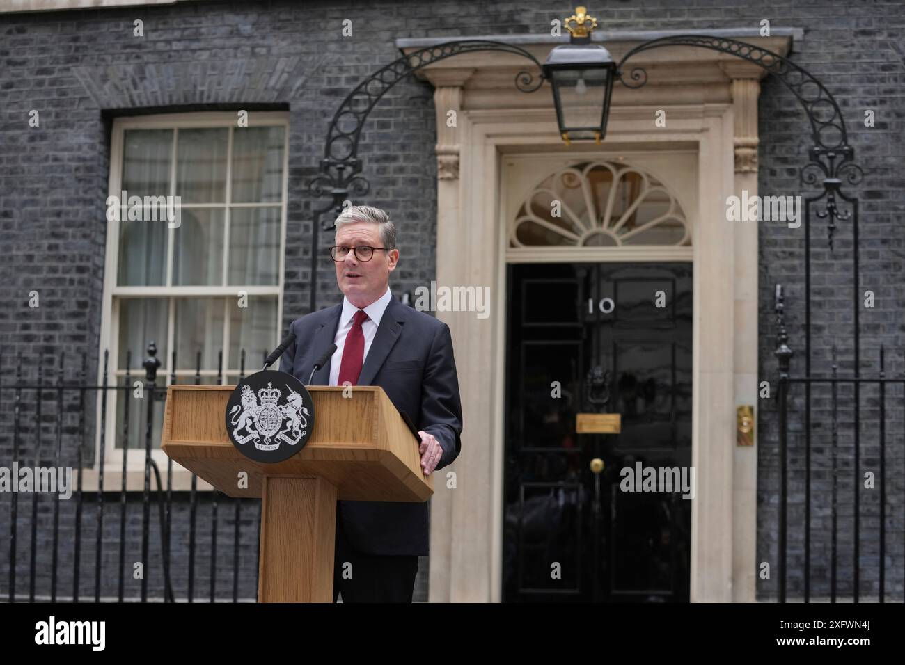 Britain's Labour Party Prime Minister Kier Starmer makes speech outside ...