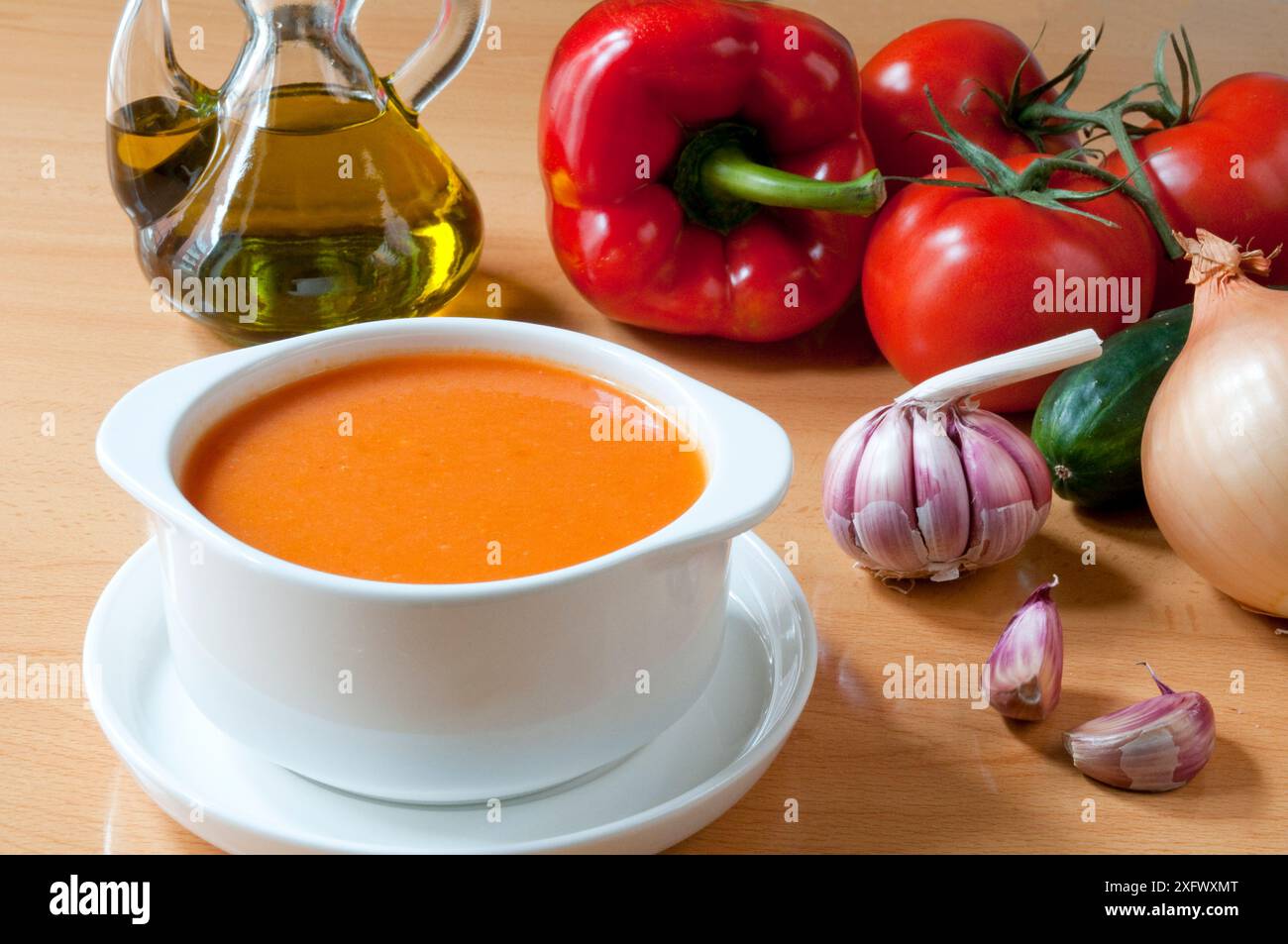 Gazpacho andaluz and ingredients. Andalucia, Spain. Stock Photo