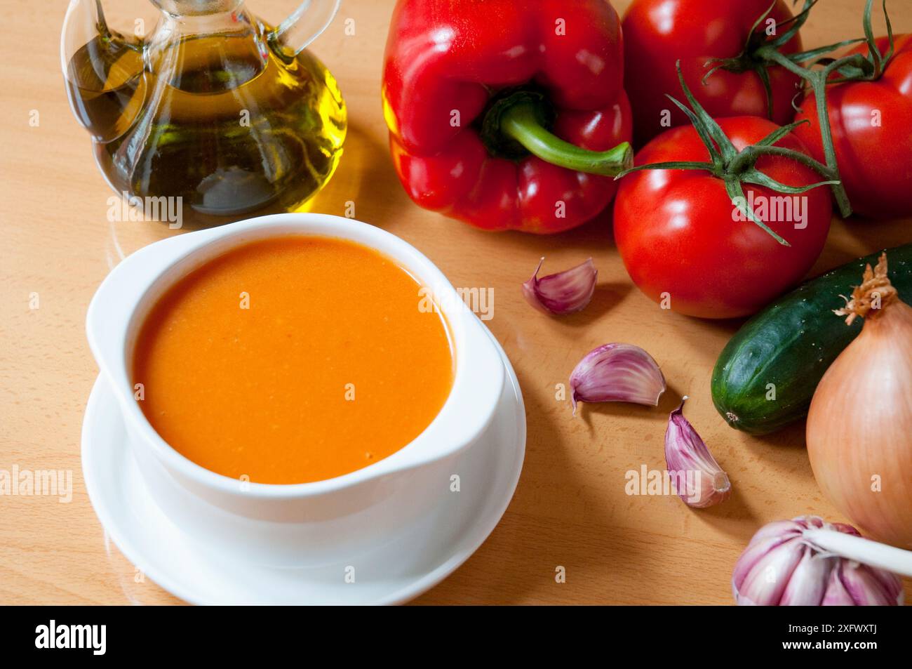 Gazpacho andaluz and ingredients. Andalucia, Spain. Stock Photo
