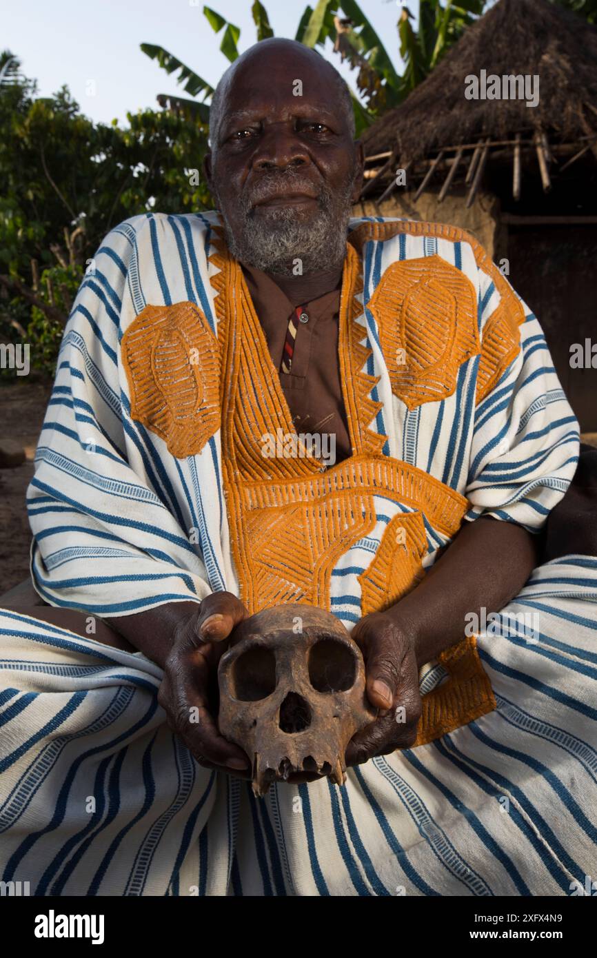 Local manon man in traditional robe with Chimpanzee (Pan troglodytes ...