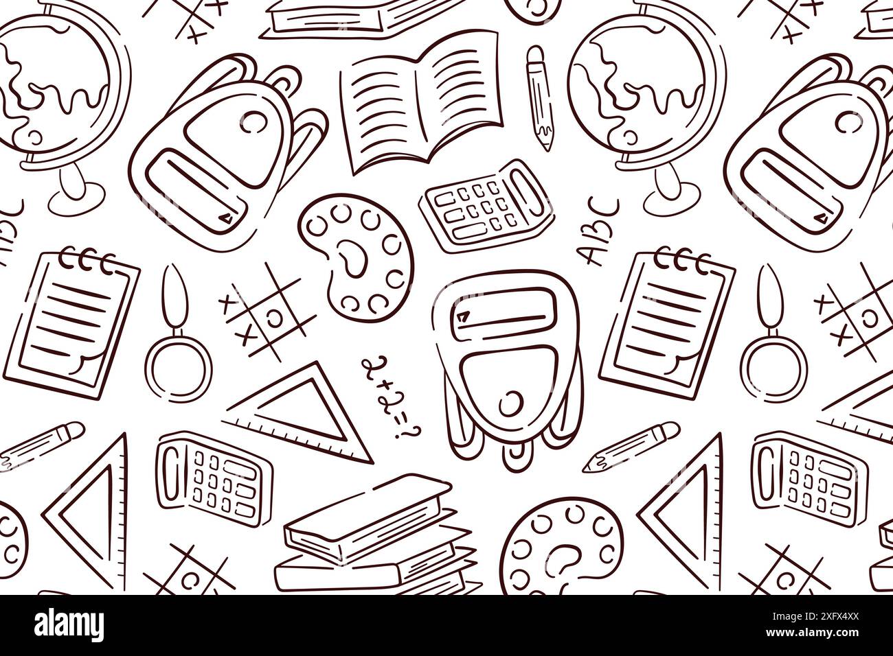 Hand drawn school seamless pattern with stationery supplies, exercise book, globe, backpack, ruler. Vector illustration on a white background. Stock Vector