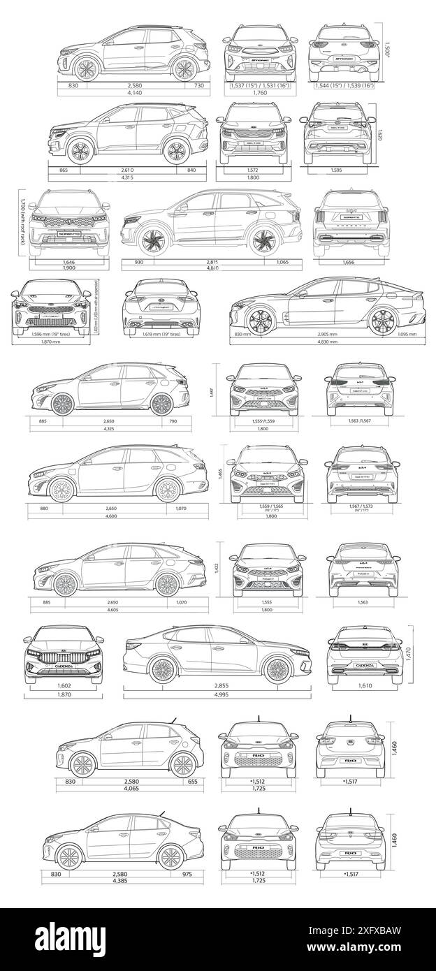 2023 KIA car blueprint collection Stock Vector