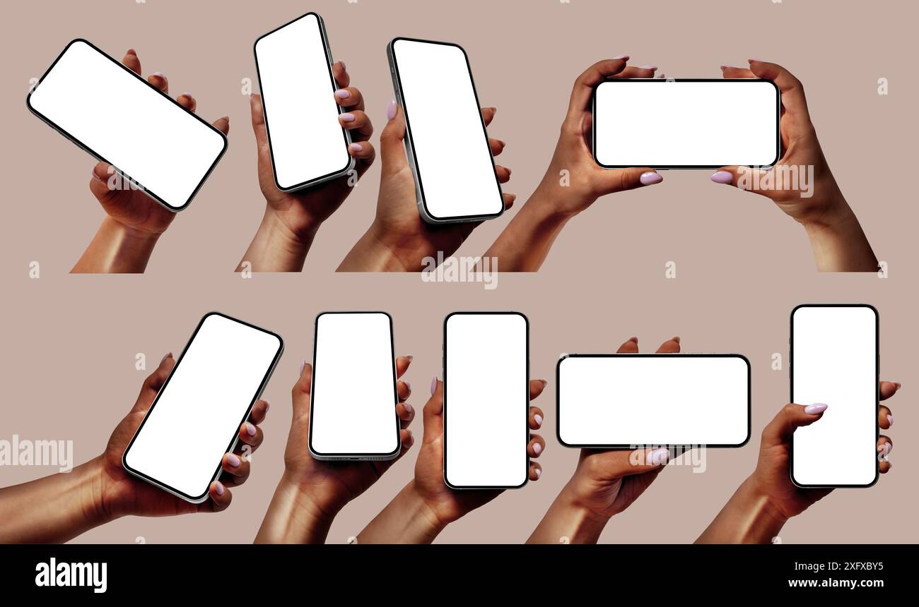 Black hands holding modern smartphones with blank screens on a beige ...