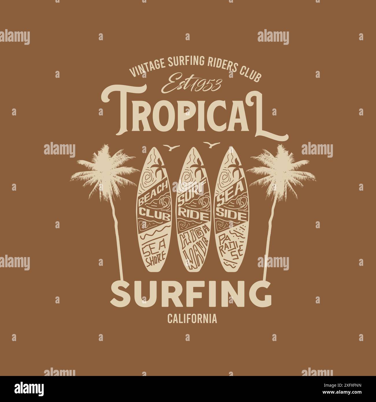 Vintage tropical surfing typography palm tree surf board design Stock Vector