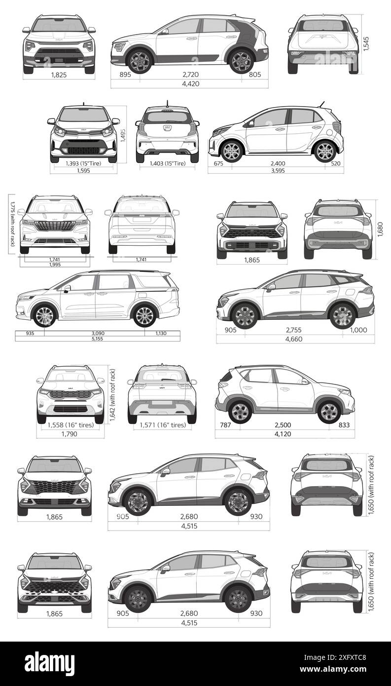 2023 KIA car blueprint collection Stock Vector