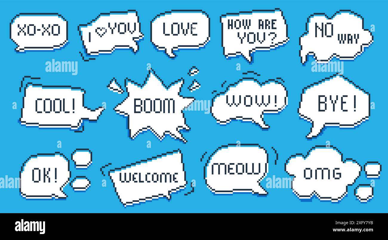 Pixel bubbles message. Retro comic chat bubble with dialogue word, geek gamer comic cloud frame message for comic game web design. Vector pixel bubble Stock Vector