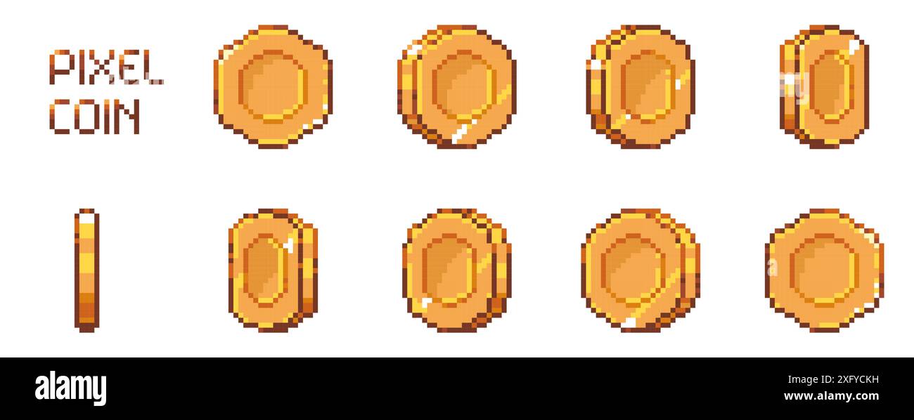 Pixel art coin animation. Retro 8 bit golden coins sprite