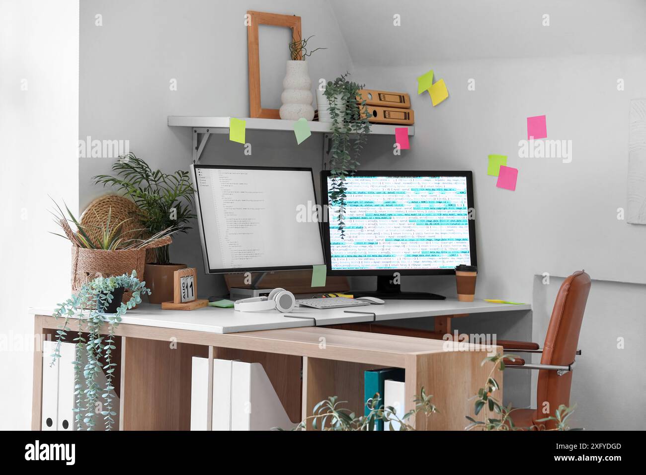 Interior of light office with programmer's desk, plants and sticky ...
