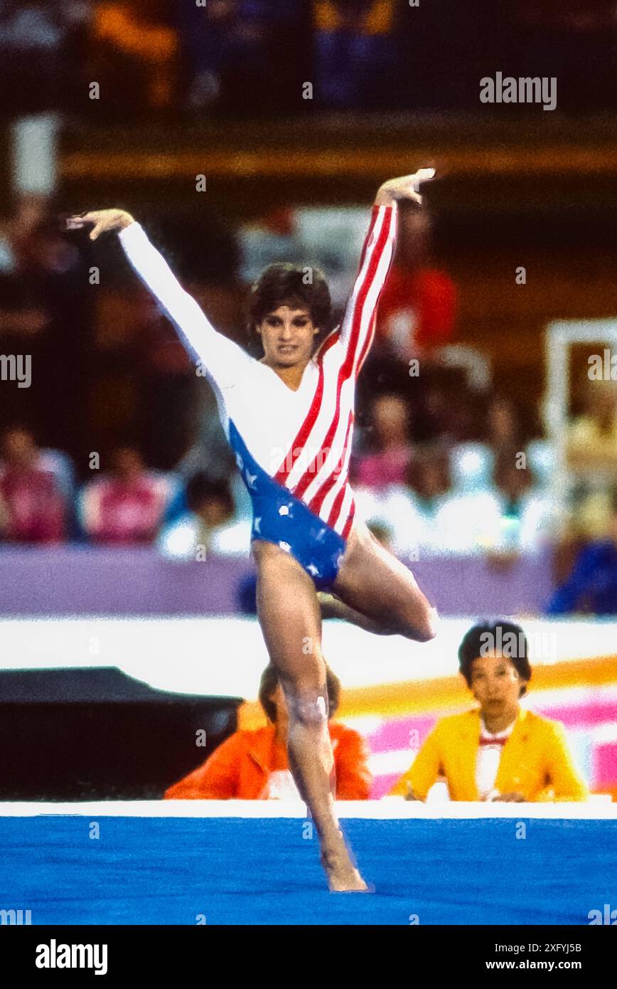 Mary Lou Retton (USA) performing in the floor exercise at the 1984 ...