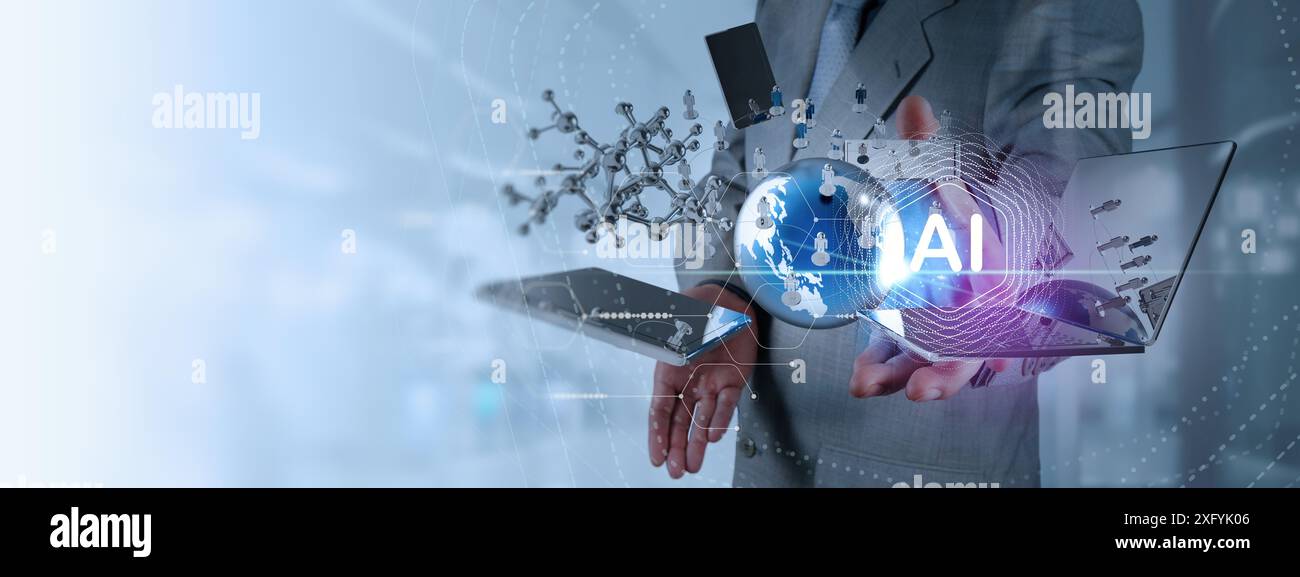 Businessman presenting AI technology with digital connections including a globe, molecular structures, and digital connections,AI, technology, and inn Stock Photo