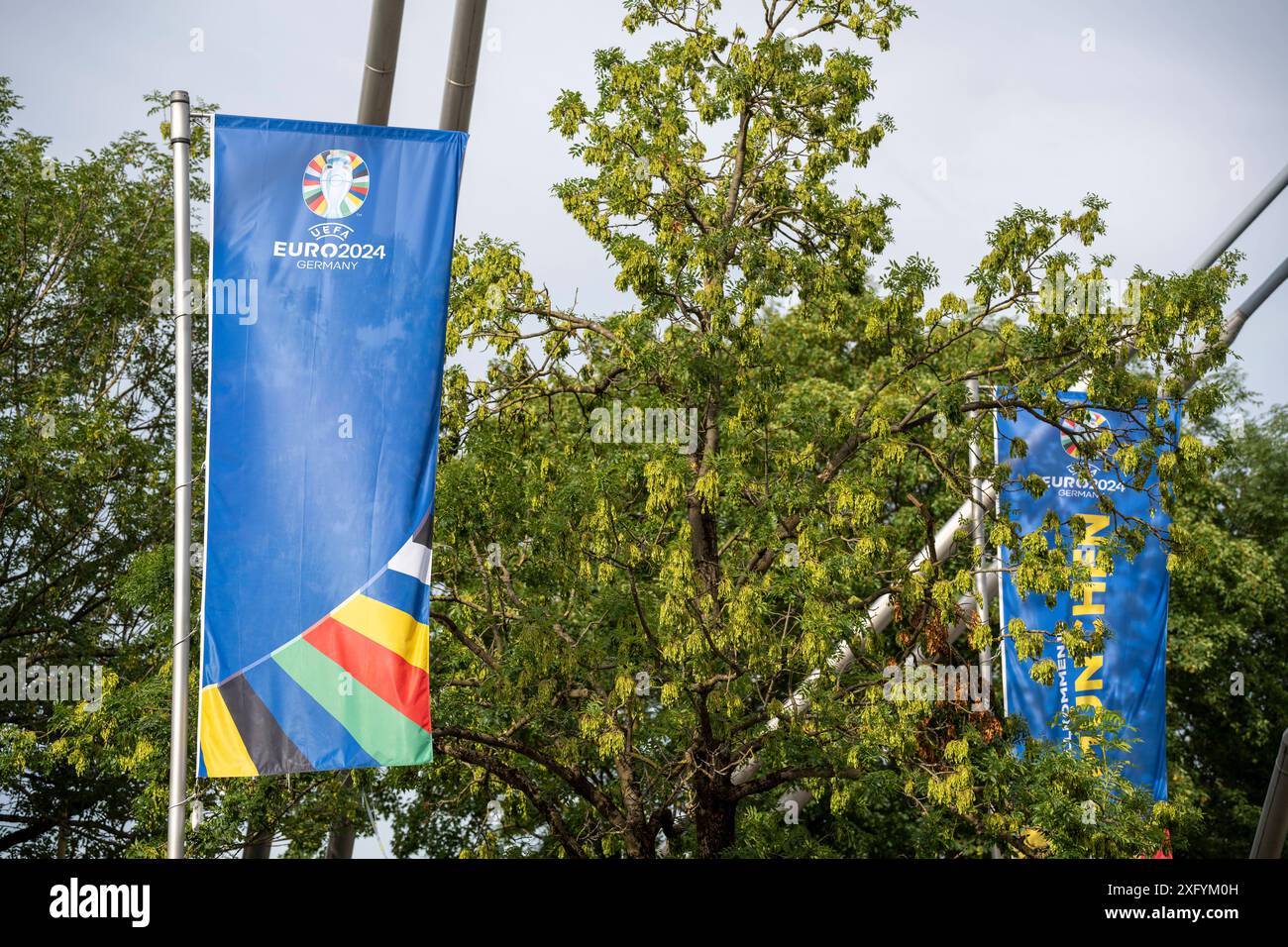 Munich, Bavaria, Germany July 5, 2024 Flag with the logo of the UEFA