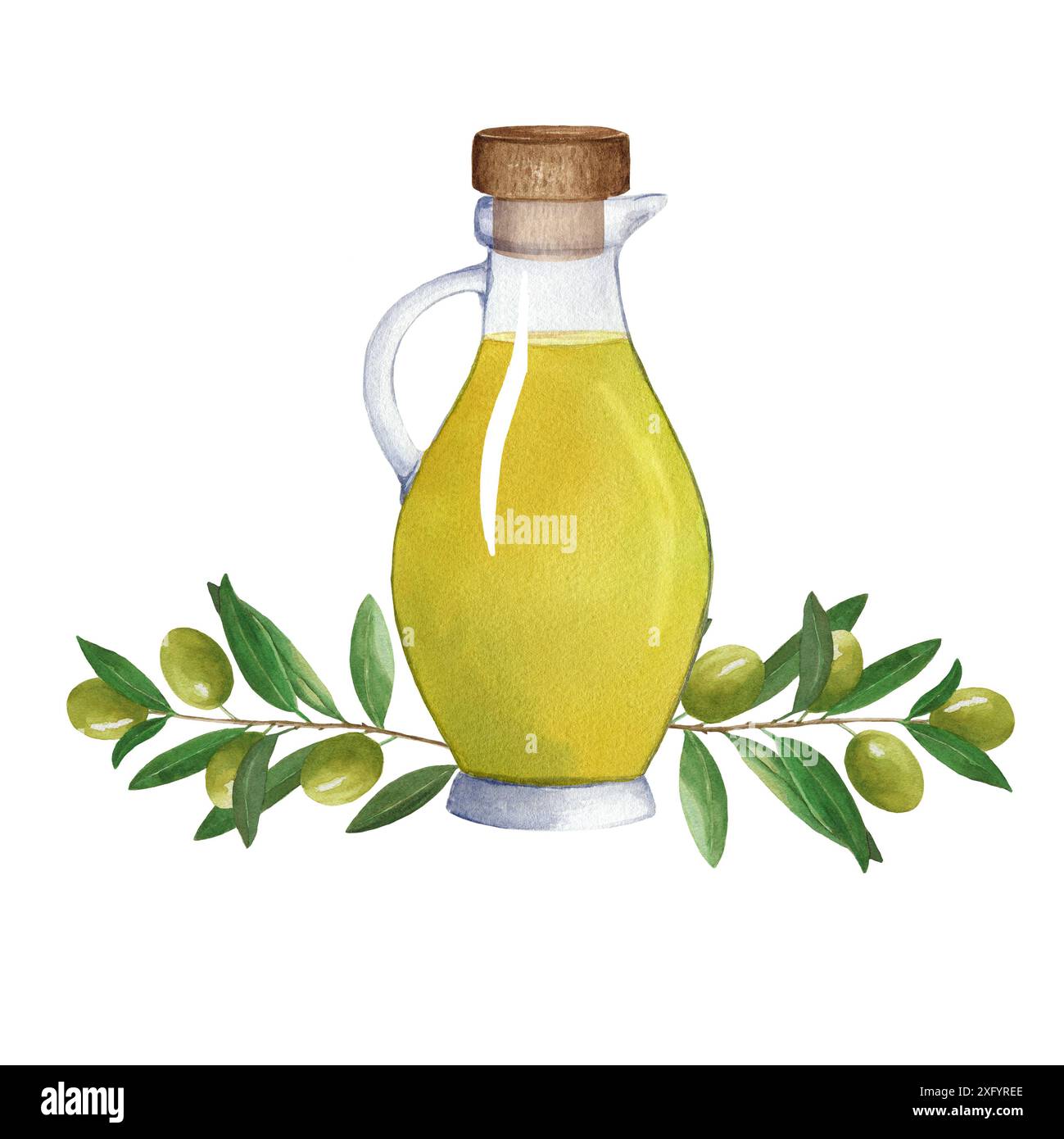 Composition of glass jug with oil and two olive branches with green ...