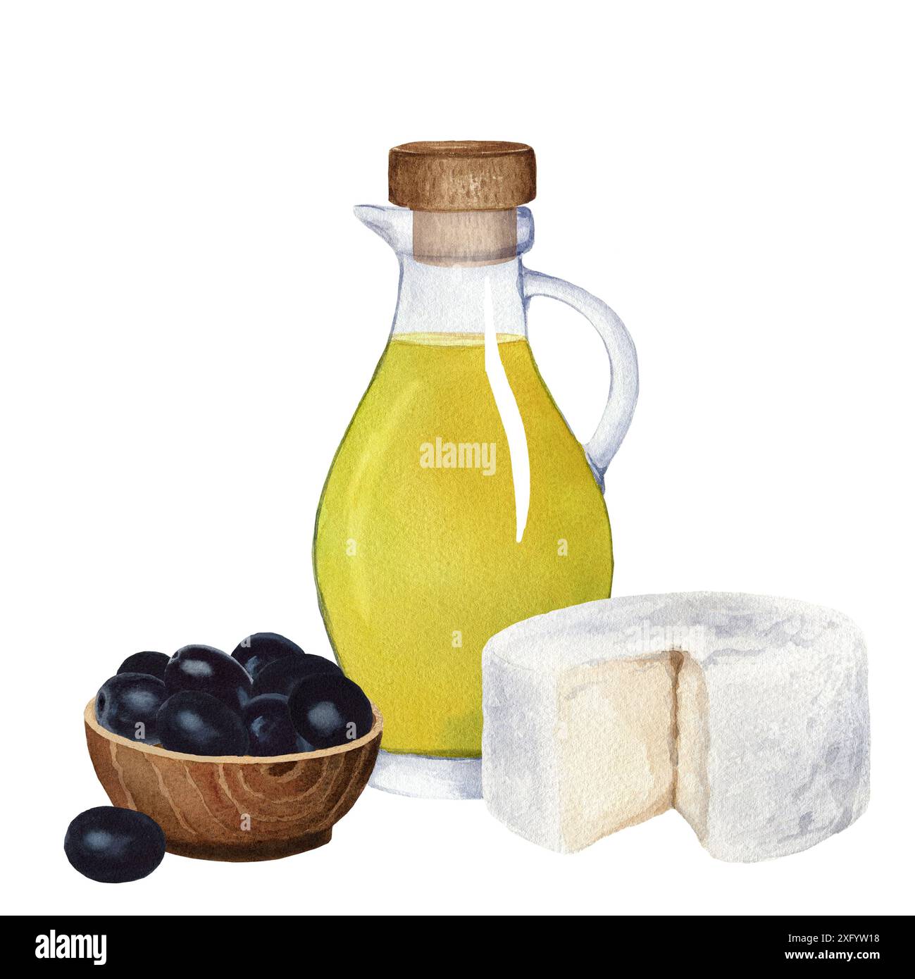 Composition of glass jug with olive oil, wooden bowl with black olives ...
