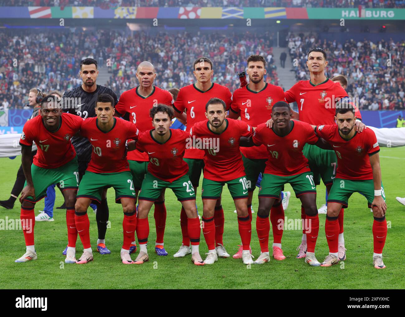 Hamburg, Germany. 5th July, 2024. Portugal starting eleven backrow: Diogo Costa, Pepe, Joao Palhinha, Ruben Dias, Cristiano Ronaldo, front row: Rafael Leao, Joao Cancelo, Vitinha, Bernardo Silva, Nuno Mendes and Bruno Fernandes of Portugal during the UEFA European Championships Quarter Final match at Volksparkstadion, Hamburg. Picture credit should read: Paul Terry/Sportimage Credit: Sportimage Ltd/Alamy Live News Stock Photo