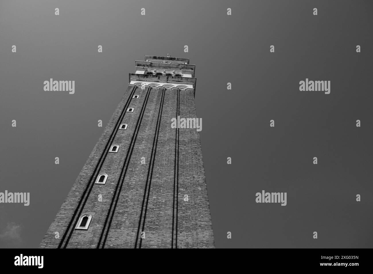 A low-angle view of the Campanile di San Marco tower in Venice. Stock Photo