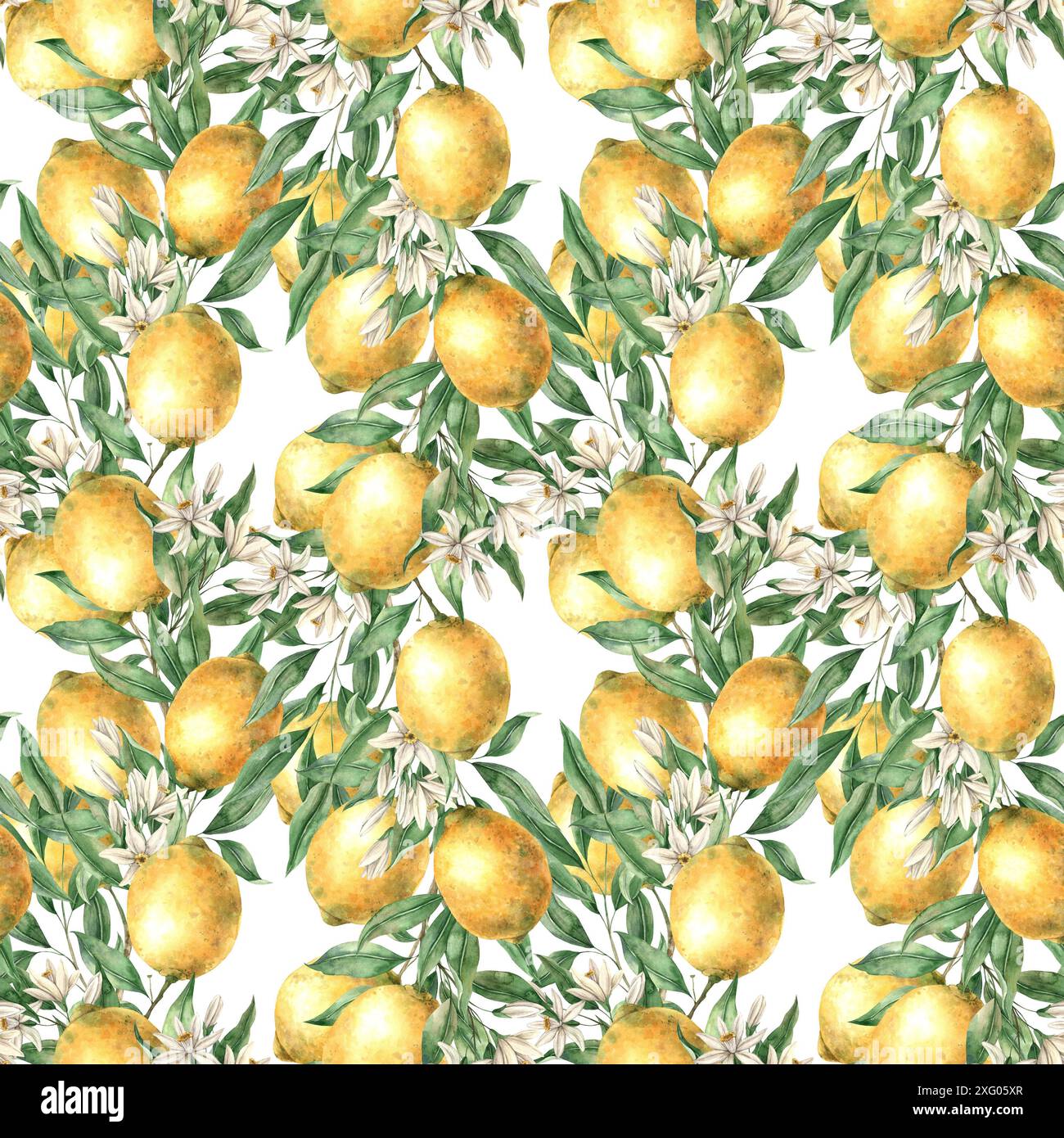 Seamless pattern of branches of yellow lemons, leaves and flowers on a ...