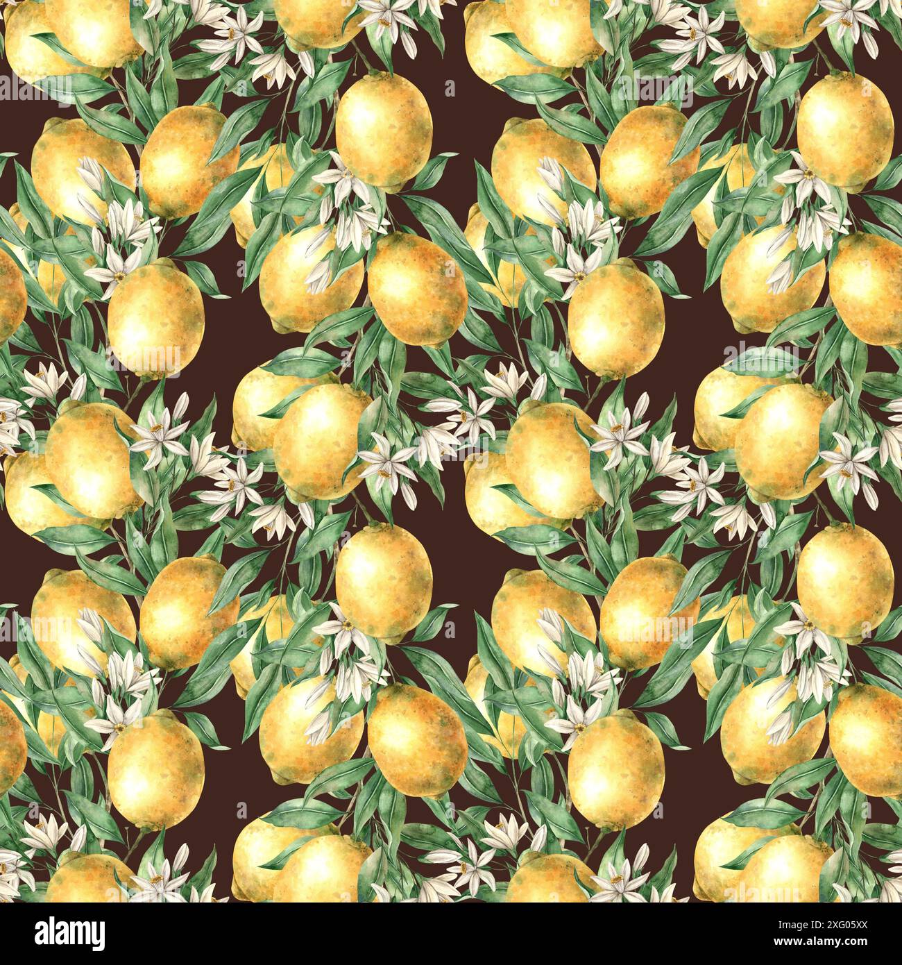 Seamless pattern of yellow lemon branches, leaves and flowers on a ...