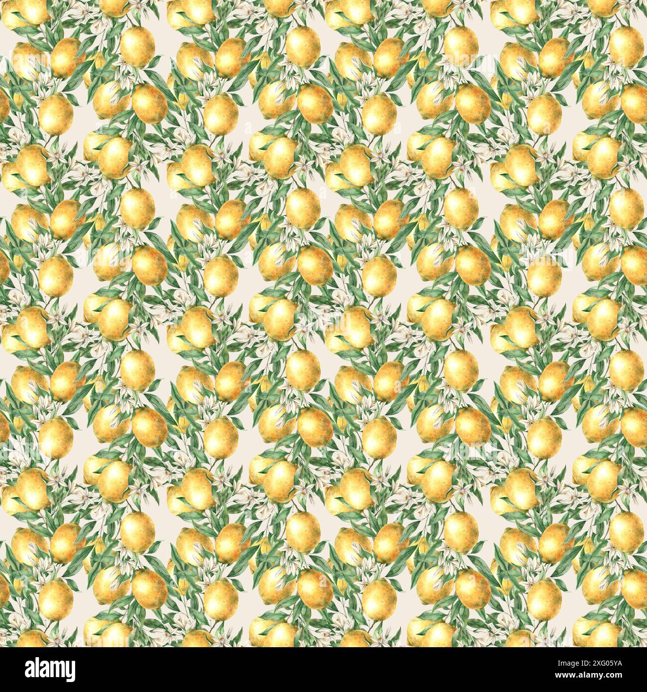 Seamless pattern of branches of yellow lemons, leaves and flowers on a ...