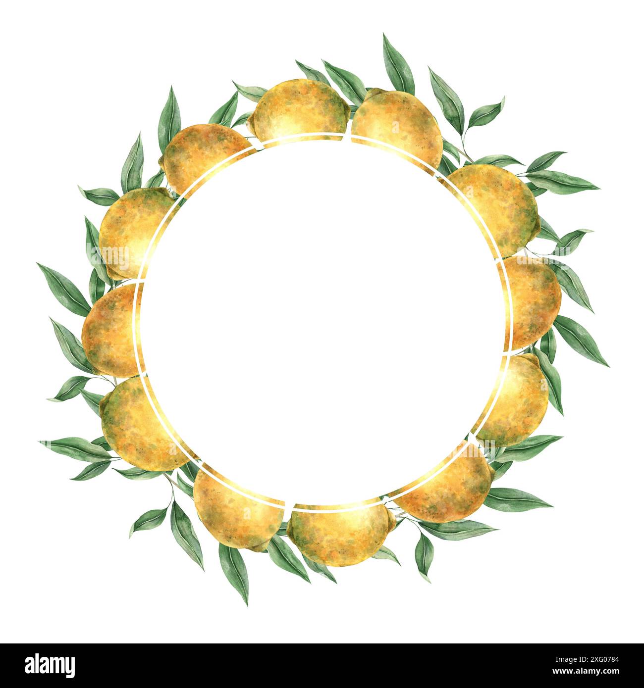 Wreath of yellow lemon fruits with green leaves and branches. Isolated ...