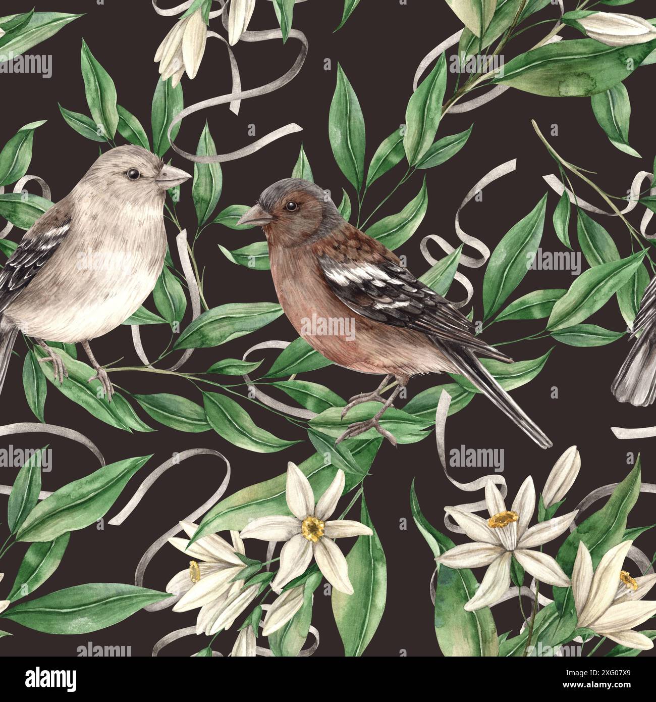 Seamless pattern of branches with green leaves and sitting birds on a ...