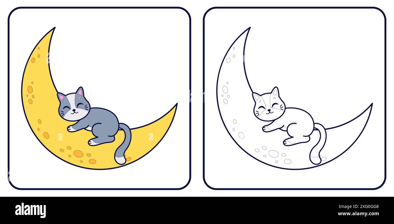 Cute gray cat sleeps on the moon. Vector coloring book Stock Vector ...