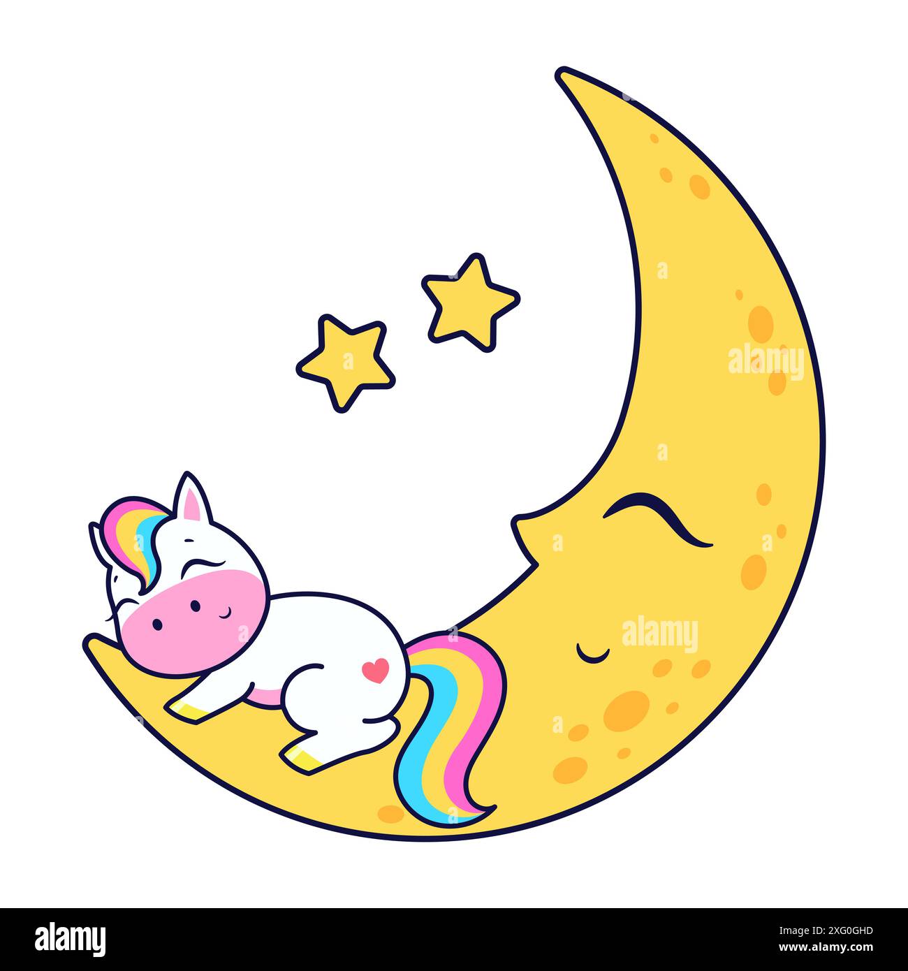 Cute little unicorn sleeps on the moon. Vector illustration Stock ...