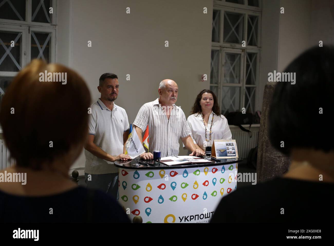 Representatives of the Ukrainian Post Office and the museum directorate are seen during the cancellation of the stamp 'Zmiinyi' (Snake Island) at the Odessa Archaeological Museum. Cancellation of the stamp 'Zmiinyi' (Snake Island) took place at the Odessa Archaeological Museum. The institution opened its doors for the first time since the beginning of the full-scale occupation of the Russian Federation. Battles for the island began in February 2022 and ended on June 30, 2022, after several massive shellings by Ukrainian troops, Russian forces retreated from the island (Photo by Viacheslav Onys Stock Photo