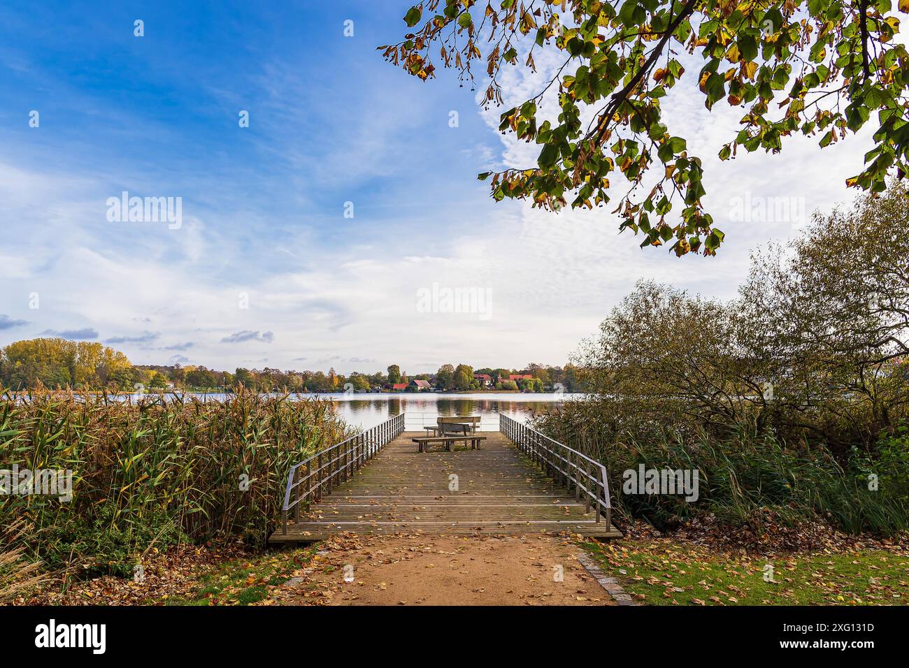 View over the Haussee to the town of Feldberg Stock Photo